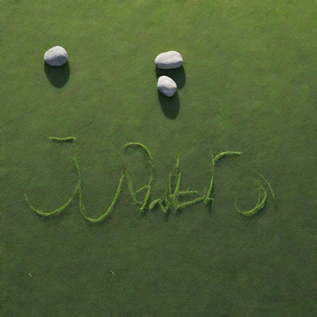 An abstract design featuring the name 'Jyoti' etched onto green grass, with a rock floating above it and rays of sunlight passing through the name.