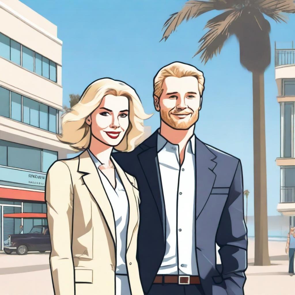 A detailed illustration of a white-skinned man and woman standing together at Venice Beach