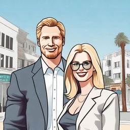 A detailed illustration of a white-skinned man and woman standing together at Venice Beach