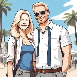 A detailed illustration of a white-skinned man and woman standing together at Venice Beach