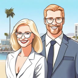 A detailed illustration of a white-skinned man and woman standing together at Venice Beach