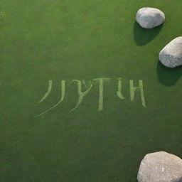 An abstract design featuring the name 'Jyoti' etched onto green grass, with a rock floating above it and rays of sunlight passing through the name.