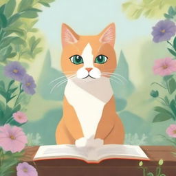 Create a book cover featuring a majestic cat sitting on a windowsill with a beautiful garden in the background