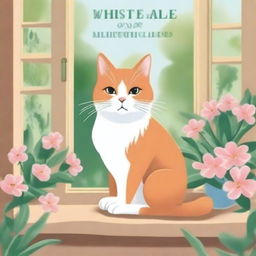 Create a book cover featuring a majestic cat sitting on a windowsill with a beautiful garden in the background