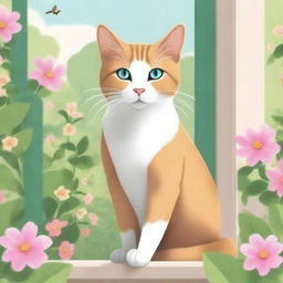 Create a book cover featuring a majestic cat sitting on a windowsill with a beautiful garden in the background