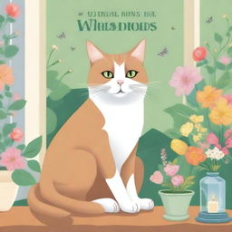 Create a book cover featuring a majestic cat sitting on a windowsill with a beautiful garden in the background