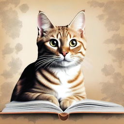 Create a book cover featuring a realistic cat with a beautiful and captivating background