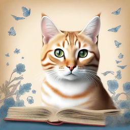 Create a book cover featuring a realistic cat with a beautiful and captivating background