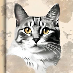 Create a book cover featuring a realistic cat with a beautiful and captivating background