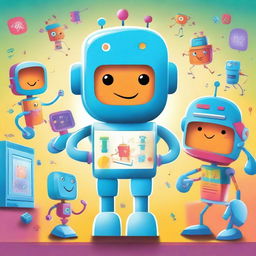 Create a vibrant and engaging children's book cover featuring friendly robots, colorful computers, and playful AI characters