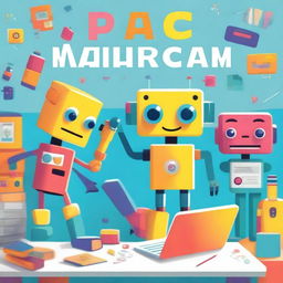 Create a vibrant and engaging children's book cover featuring friendly robots, colorful computers, and playful AI characters