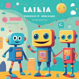 Create a vibrant and engaging children's book cover featuring friendly robots, colorful computers, and playful AI characters