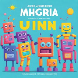 Create a vibrant and engaging children's book cover featuring friendly robots, colorful computers, and playful AI characters