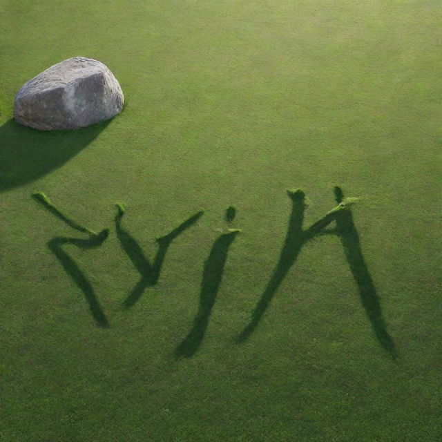 An abstract design featuring the name etched onto green grass, with a rock floating above it and rays of sunlight passing through the name 'Jyoti'.