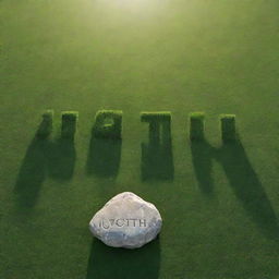 An abstract design featuring the name etched onto green grass, with a rock floating above it and rays of sunlight passing through the name 'Jyoti'.