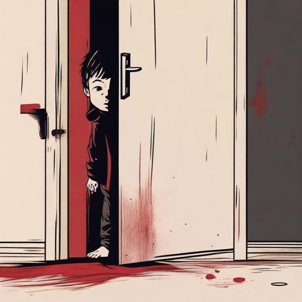 In a dark, threatening environment, a young boy peeps through a crack in a door that doesn't properly close on the latch