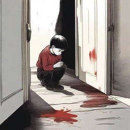 In a dark, threatening environment, a young boy peeps through a crack in a door that doesn't properly close on the latch