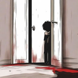 In a dark, threatening environment, a young boy peeps through a crack in a door that doesn't properly close on the latch