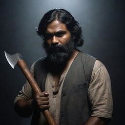 An Indian man with a darker skin tone, thick hair reaching down to his cheeks and a beard, holding two short axes, standing in a dark, mysterious environment.