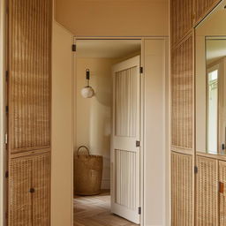 Classic, small entrance hall with a modern aesthetic, featuring a large rattan closet, touched with shades of beige and pistachio. A mirror expands the space, paired with an inviting entrance door.