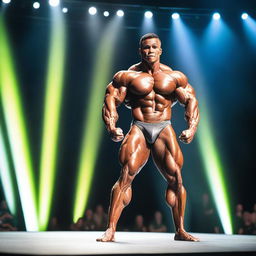 A muscular bodybuilder wearing a thong, posing confidently on stage during a bodybuilding competition