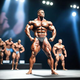 A muscular bodybuilder wearing a thong, posing confidently on stage during a bodybuilding competition