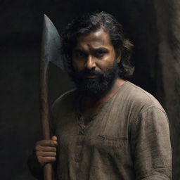 An Indian man with a darker skin tone, thick hair reaching down to his cheeks and a beard, holding two short axes, standing in a dark, mysterious environment.