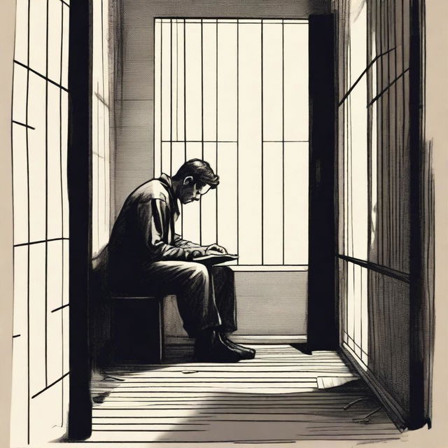 A prisoner sitting at a small desk in a dimly lit prison cell, writing in a notebook with intense focus