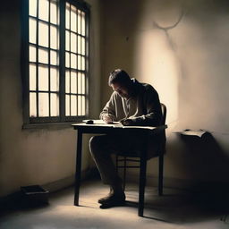 A prisoner sitting at a small desk in a dimly lit prison cell, writing in a notebook with intense focus