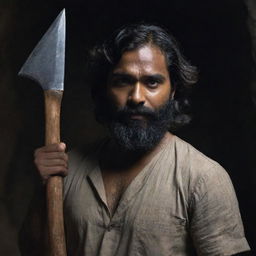 An Indian man with a darker skin tone, thick hair reaching down to his cheeks and a beard, holding two short axes, standing in a dark, mysterious environment.