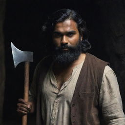 An Indian man with a darker skin tone, thick hair reaching down to his cheeks and a beard, holding two short axes, standing in a dark, mysterious environment.