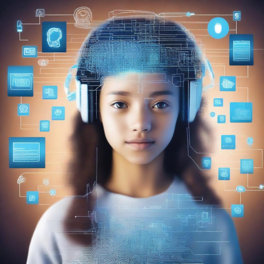 Create an image featuring a teenage girl with computer-related images related to artificial intelligence emerging from her head