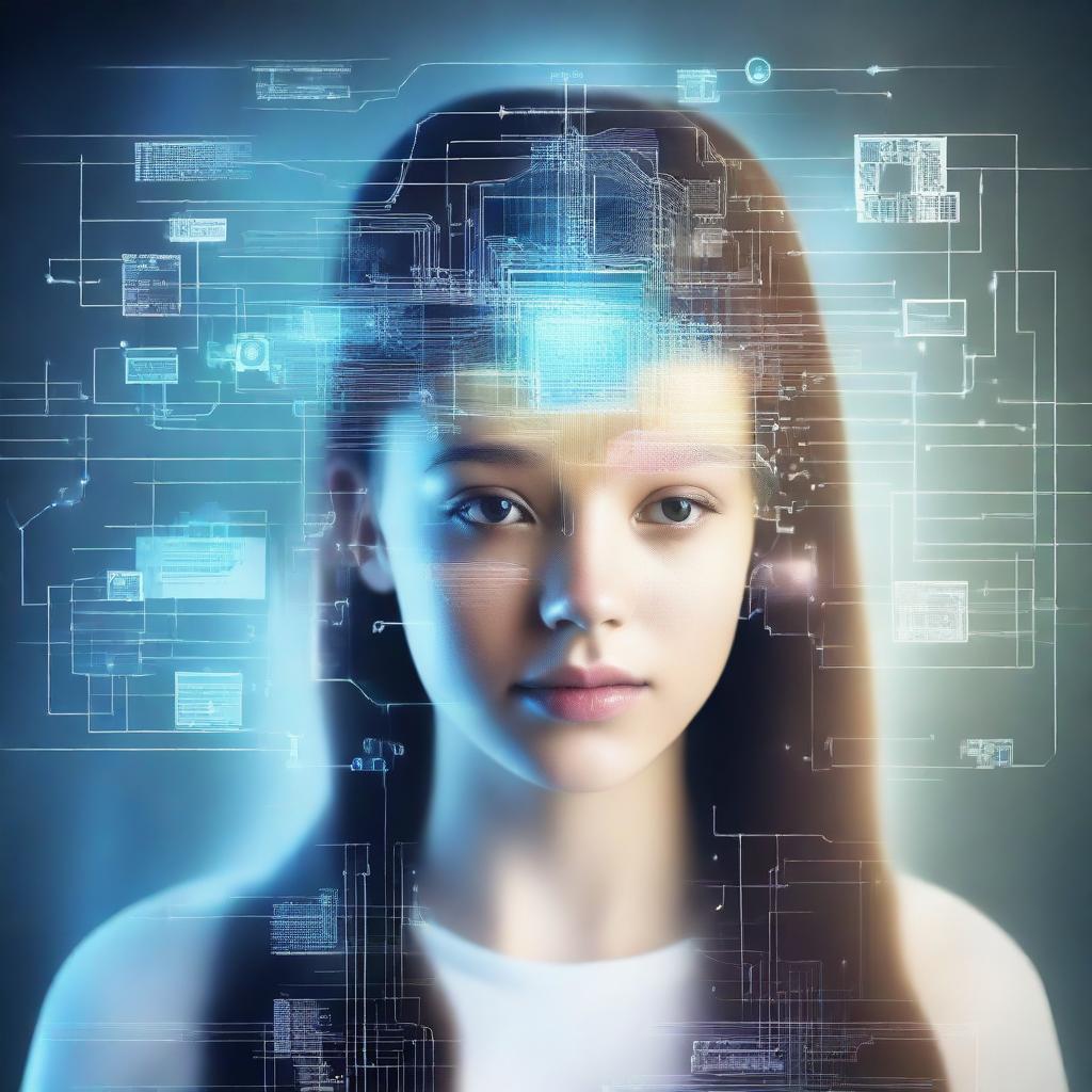 Create an image featuring a teenage girl with computer-related images related to artificial intelligence emerging from her head