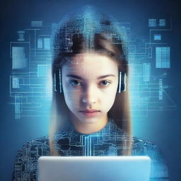 Create an image featuring a teenage girl with computer-related images related to artificial intelligence emerging from her head