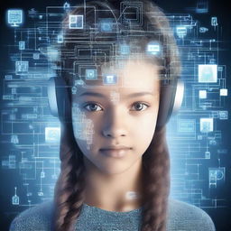 Create an image featuring a teenage girl with computer-related images related to artificial intelligence emerging from her head