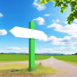 A simple, clear signpost standing by a road, with a blank white sign ready for text