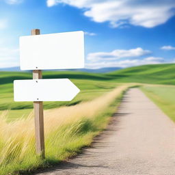 A simple, clear signpost standing by a road, with a blank white sign ready for text