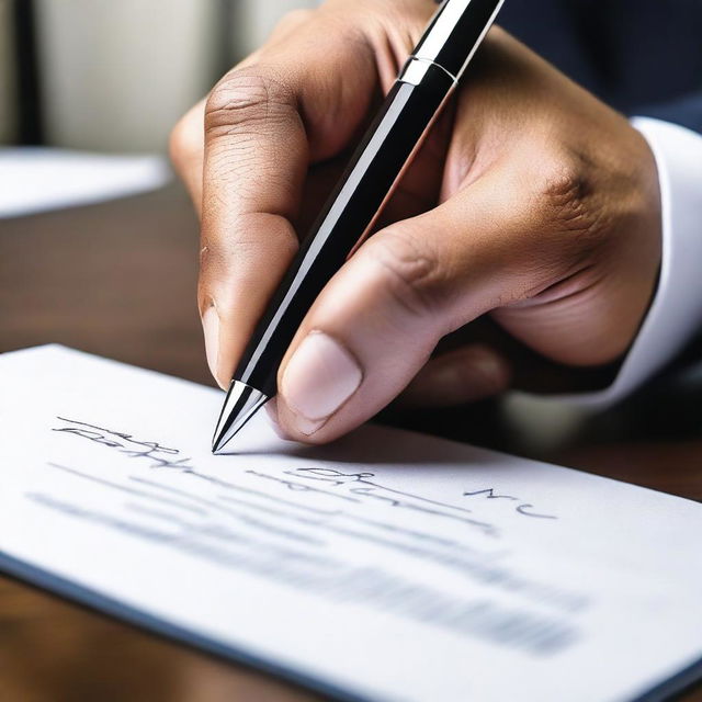 A close-up image of a hand signing a document with a pen