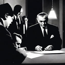 A tense scene where a person is signing a document under the watchful eyes of mafia members