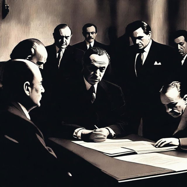 A tense scene where a person is signing a document under the watchful eyes of mafia members