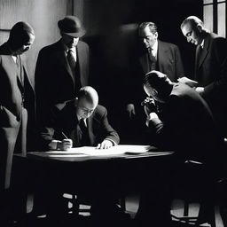 A tense scene where a person is signing a document under the watchful eyes of mafia members