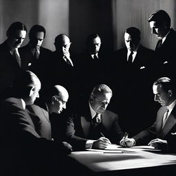 A tense scene where a person is signing a document under the watchful eyes of mafia members