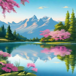 A beautiful and serene landscape with vibrant colors, featuring a peaceful lake surrounded by lush greenery, blooming flowers, and majestic mountains in the background under a clear blue sky