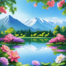 A beautiful and serene landscape with vibrant colors, featuring a peaceful lake surrounded by lush greenery, blooming flowers, and majestic mountains in the background under a clear blue sky