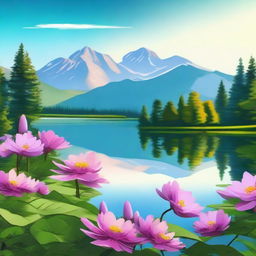 A beautiful and serene landscape with vibrant colors, featuring a peaceful lake surrounded by lush greenery, blooming flowers, and majestic mountains in the background under a clear blue sky