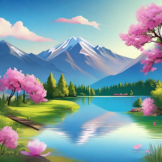 A beautiful and serene landscape with vibrant colors, featuring a peaceful lake surrounded by lush greenery, blooming flowers, and majestic mountains in the background under a clear blue sky