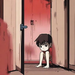 In a dark, threatening environment, a young boy peeps through a narrow crack in a door that doesn't properly close on the latch