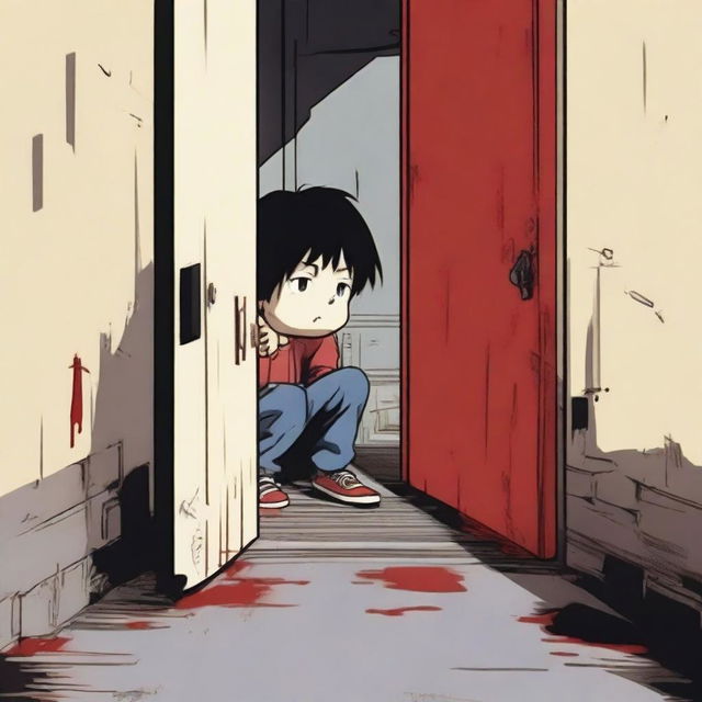 In a dark, threatening environment, a young boy peeps through a narrow crack in a door that doesn't properly close on the latch