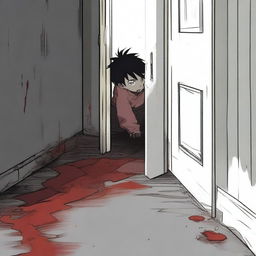 In a dark, threatening environment, a young boy peeps through a narrow crack in a door that doesn't properly close on the latch