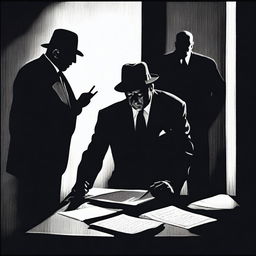 A dramatic scene where a person is signing a document under the watchful eyes of mafia members, whose faces are hidden in shadows